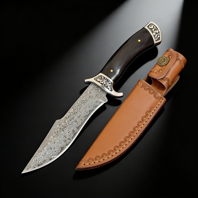 Vintage Collectible Knives - Vintage Engraved Damascus Straight Knife, Purple